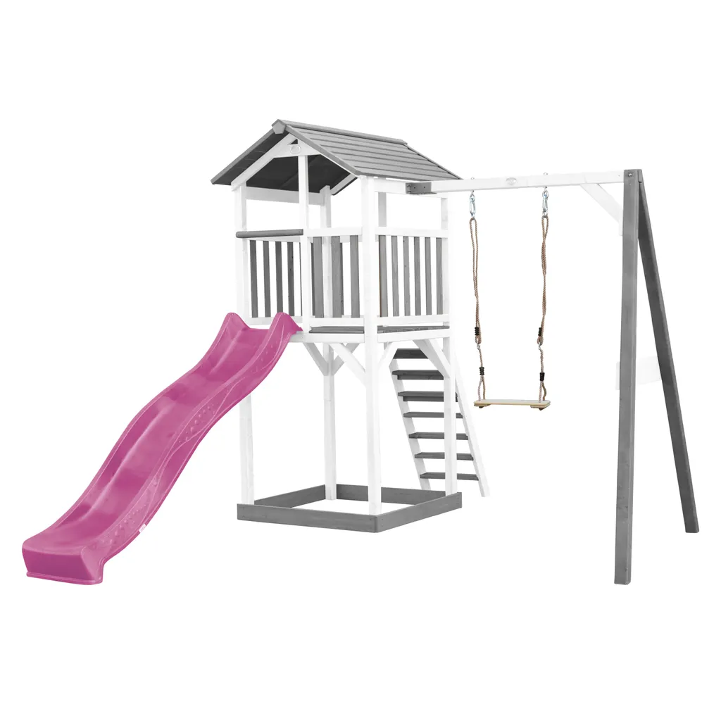 AXI Beach Tower Spielturm aus Holz in Weiß & Grau | Spielhaus für Kinder mit lila Rutsche, Schaukel und Sandkasten | Stelzenhaus für den Garten